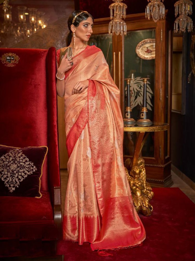 Peach Silk Handwoven Wedding Festival Heavy Border Saree