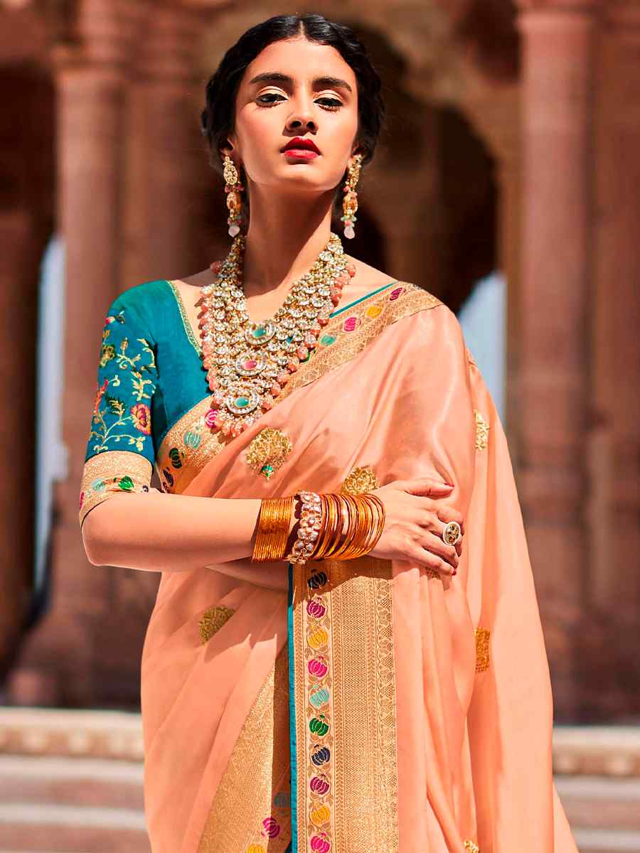 Peach Silk Handwoven Wedding Festival Heavy Border Saree
