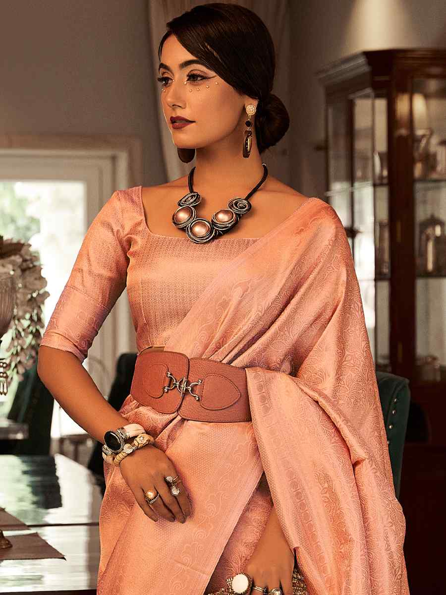 Peach Silk Handwoven Wedding Festival Heavy Border Saree