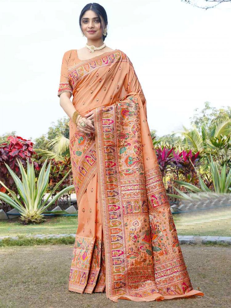 Peach Silk Handwoven Wedding Festival Heavy Border Saree