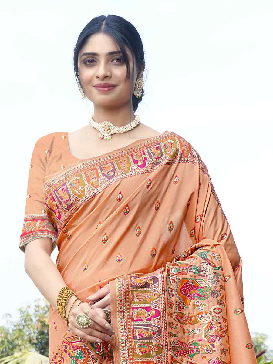 Peach Silk Handwoven Wedding Festival Heavy Border Saree