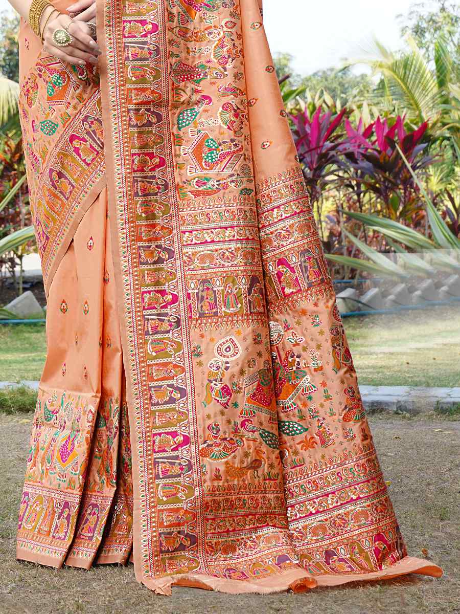 Peach Silk Handwoven Wedding Festival Heavy Border Saree