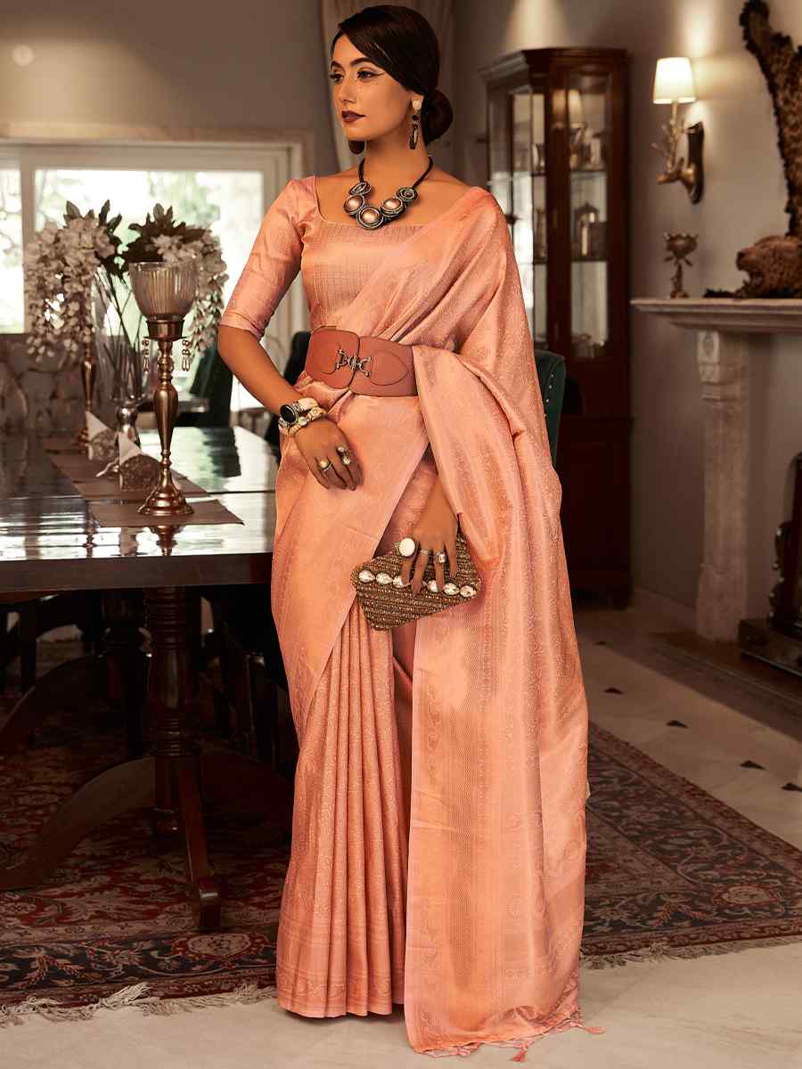 Peach Silk Handwoven Wedding Festival Heavy Border Saree