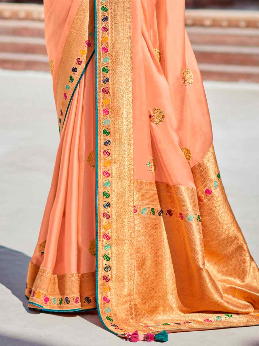 Peach Silk Handwoven Wedding Festival Heavy Border Saree