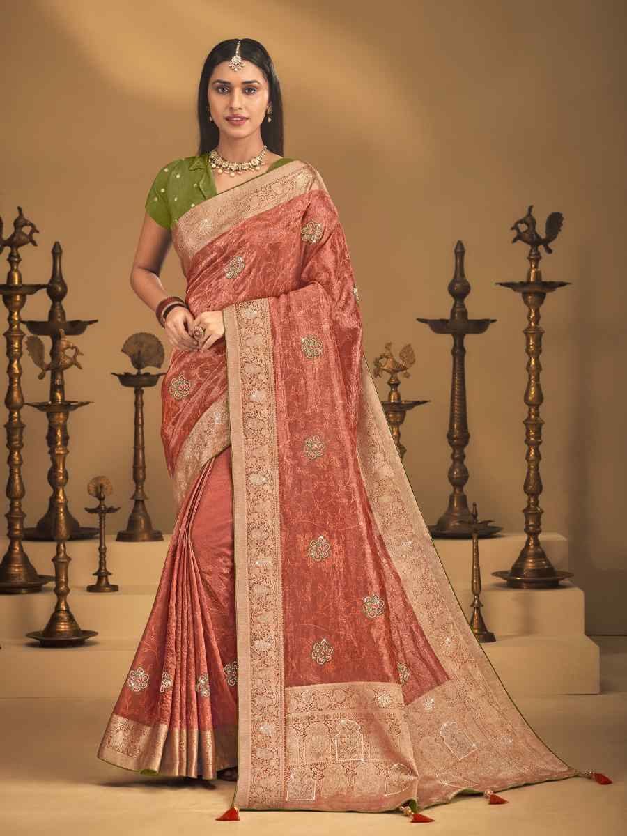 Peach Silk Handwoven with Embroidery Bridal Reception Festival Wedding Fancy Heavy Border Saree