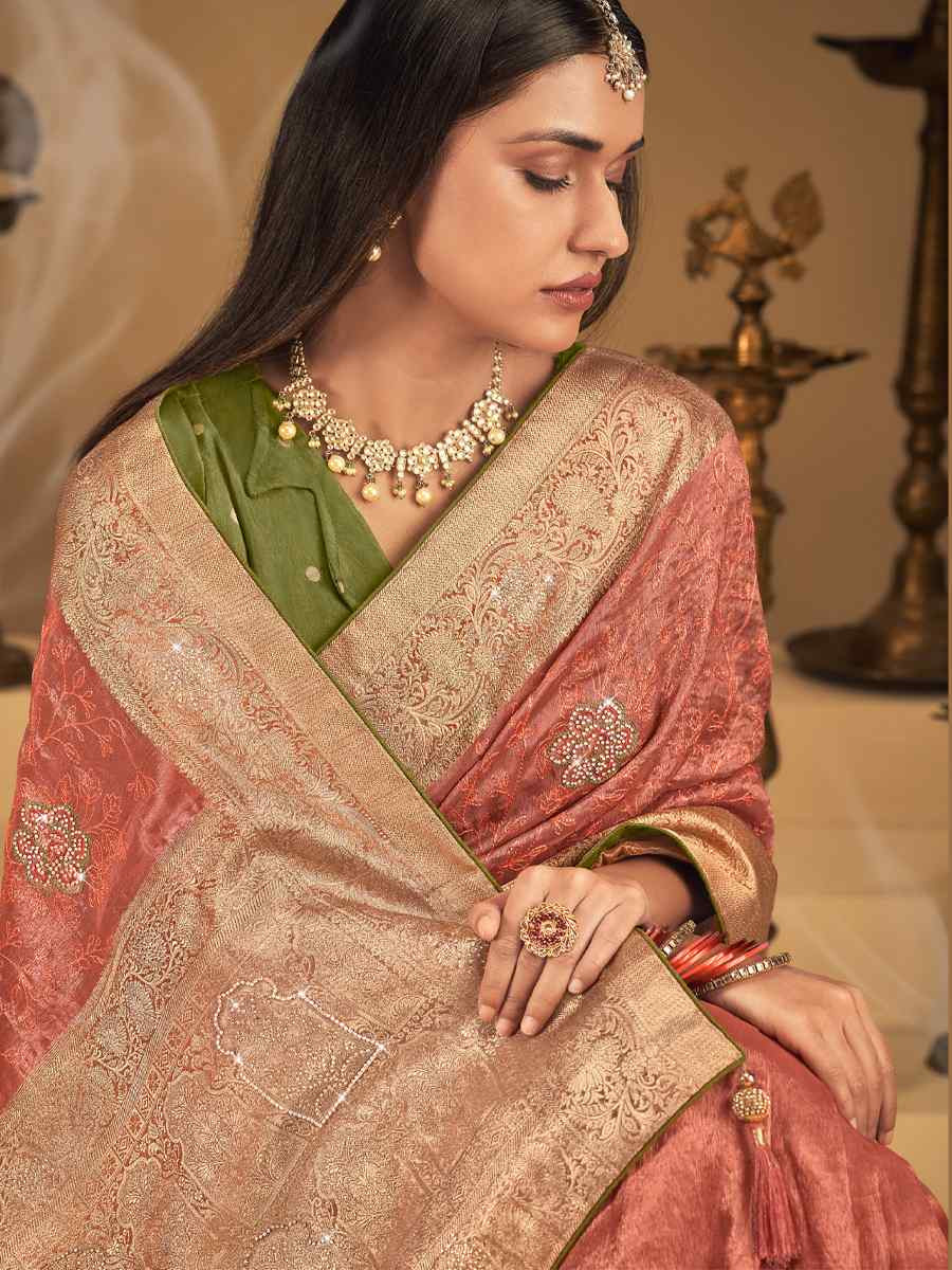 Peach Silk Handwoven with Embroidery Bridal Reception Festival Wedding Fancy Heavy Border Saree