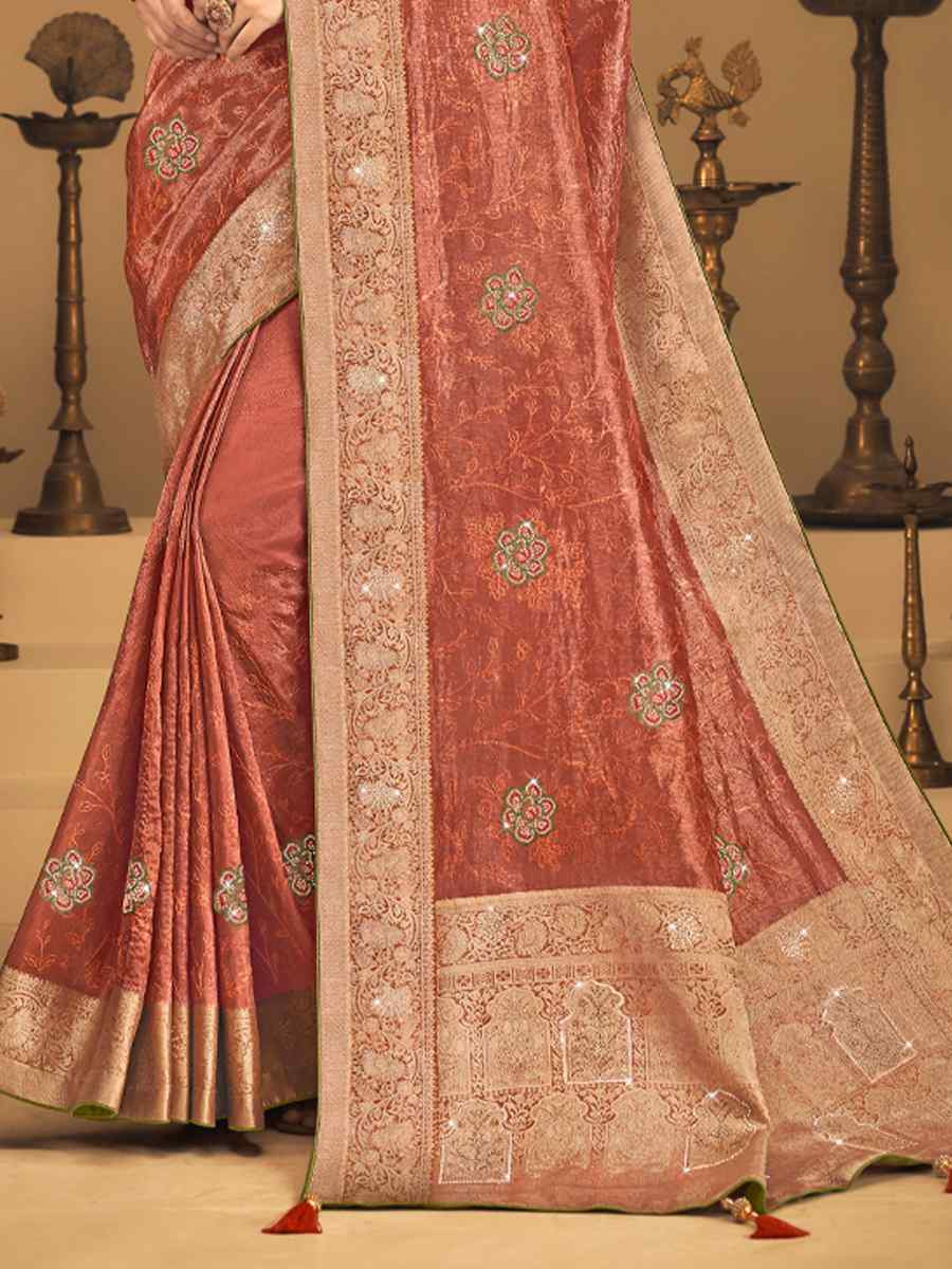Peach Silk Handwoven with Embroidery Bridal Reception Festival Wedding Fancy Heavy Border Saree