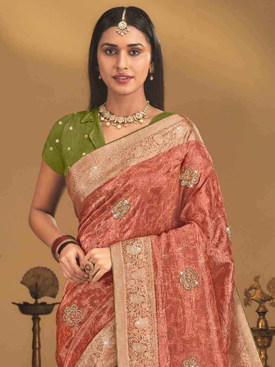 Peach Silk Handwoven with Embroidery Bridal Reception Festival Wedding Fancy Heavy Border Saree