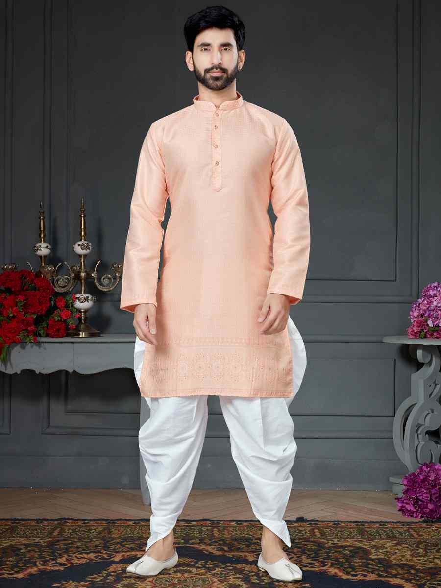 Peach Silk Jacquard Woven Festival Kurta