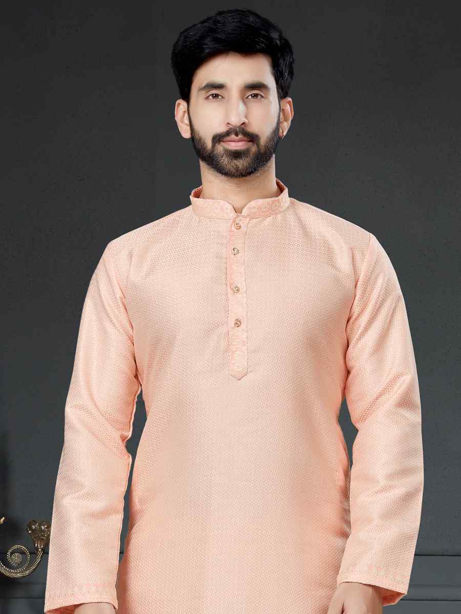 Peach Silk Jacquard Woven Festival Kurta