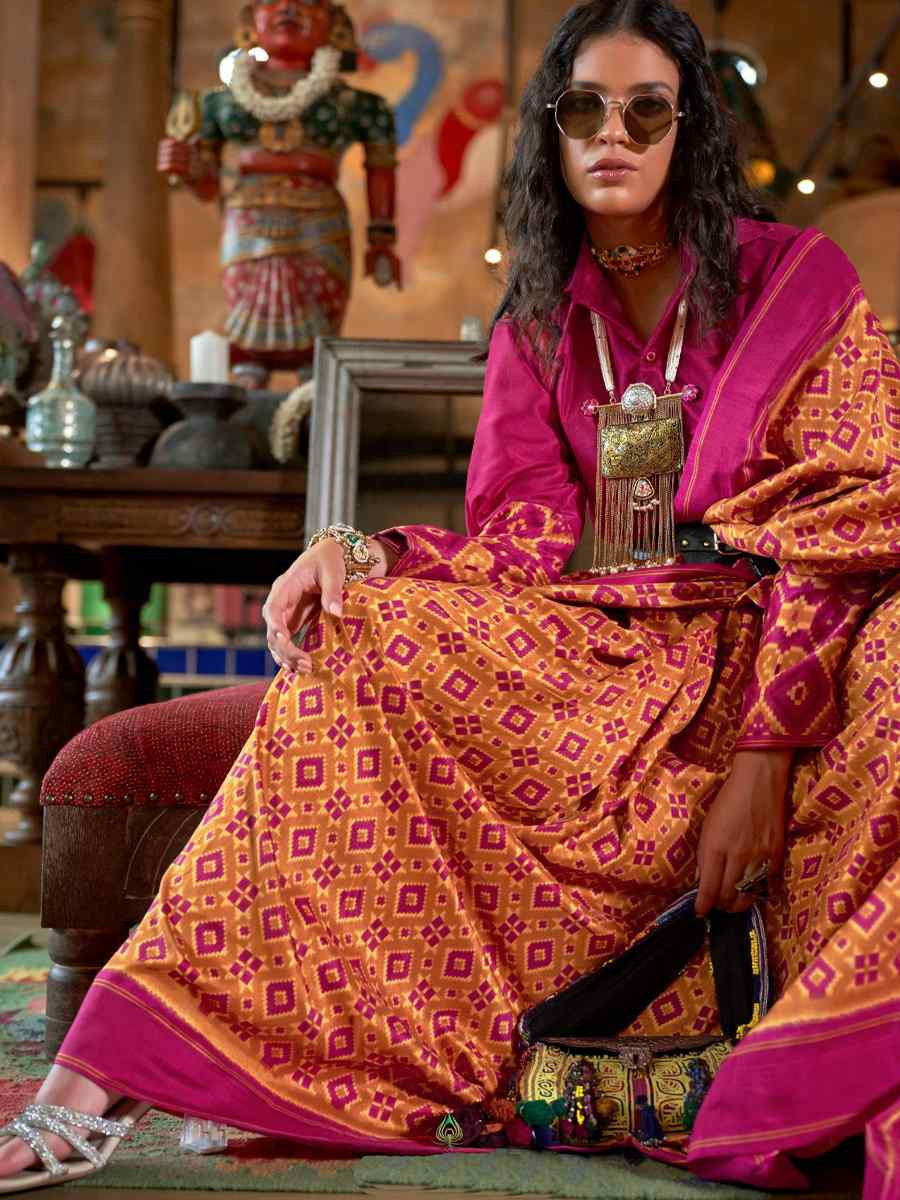 Peach Silk Printed Casual Reception Festival Wedding Fancy Classic Style Sarees