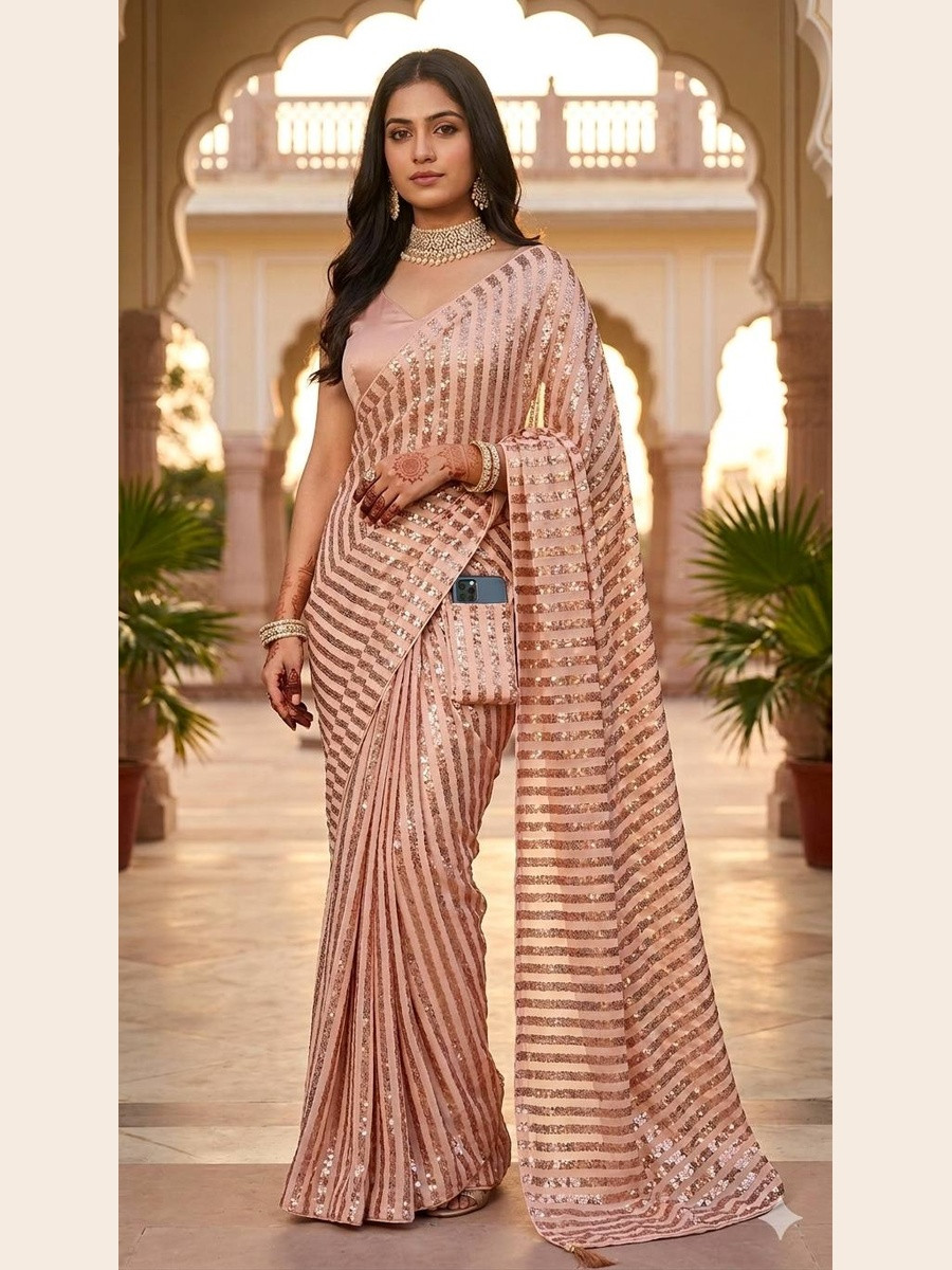 Peach Silk Sequins Wedding Reception Party Festival Casual Heavy Border Sarees