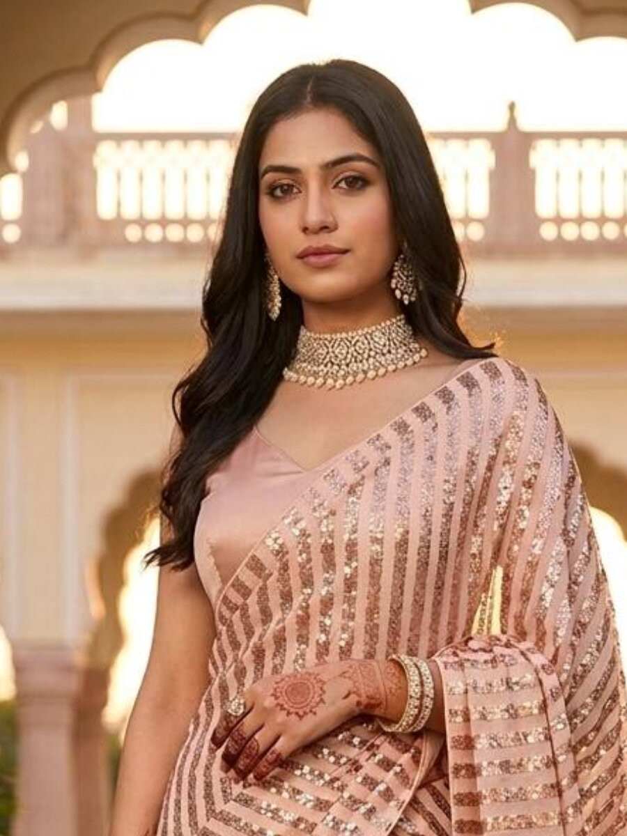 Peach Silk Sequins Wedding Reception Party Festival Casual Heavy Border Sarees