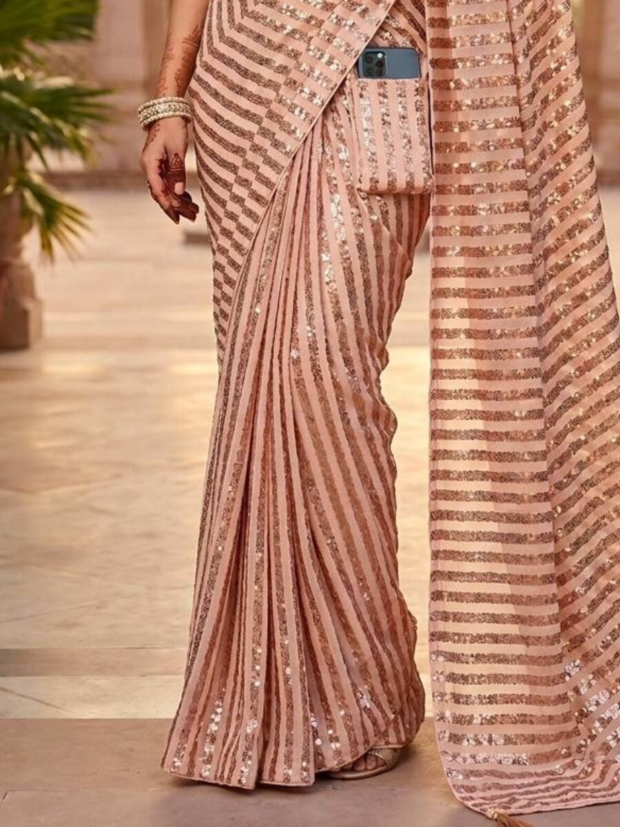 Peach Silk Sequins Wedding Reception Party Festival Casual Heavy Border Sarees
