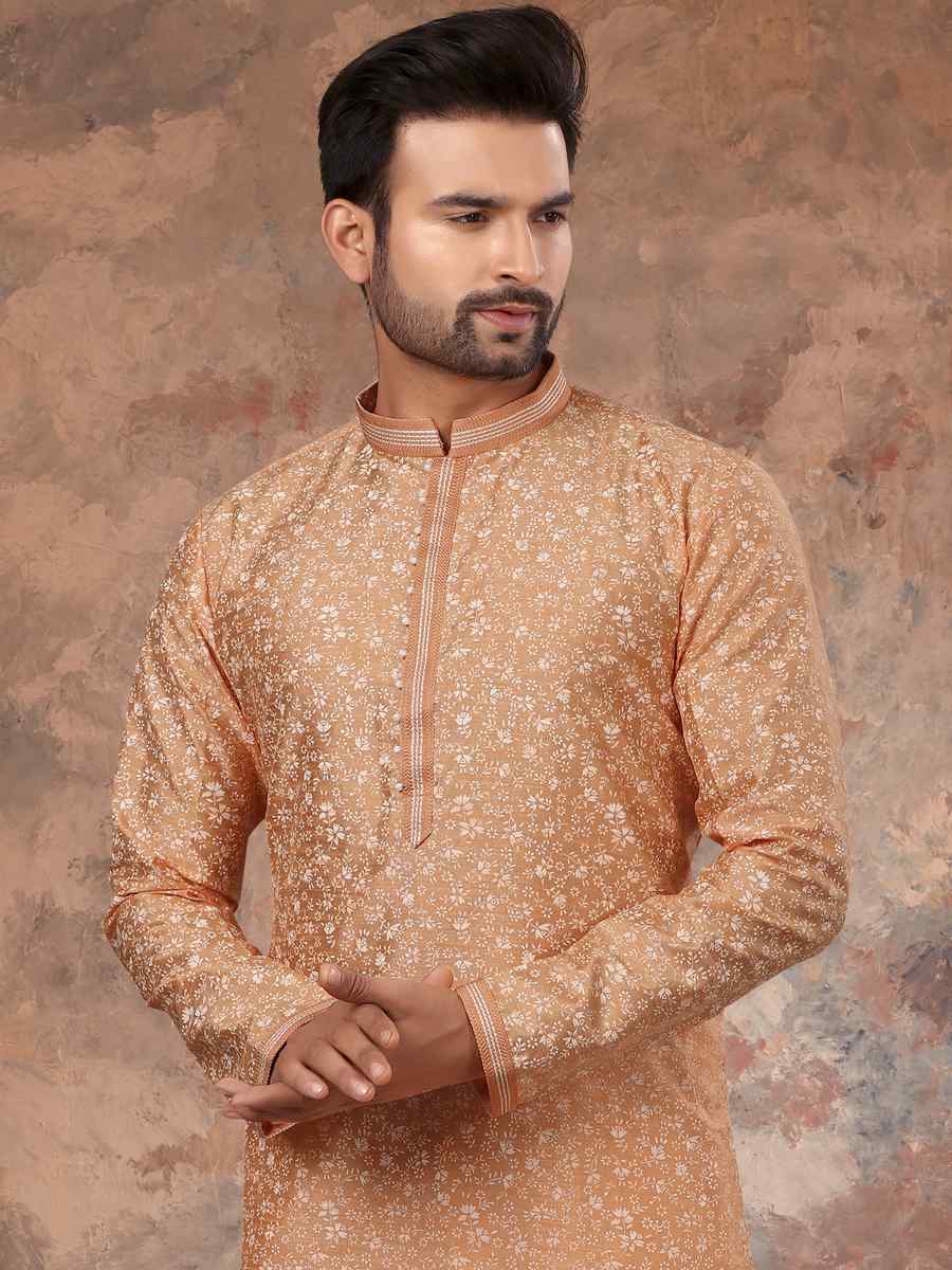 Peach Silk Woven Festival Party Kurta
