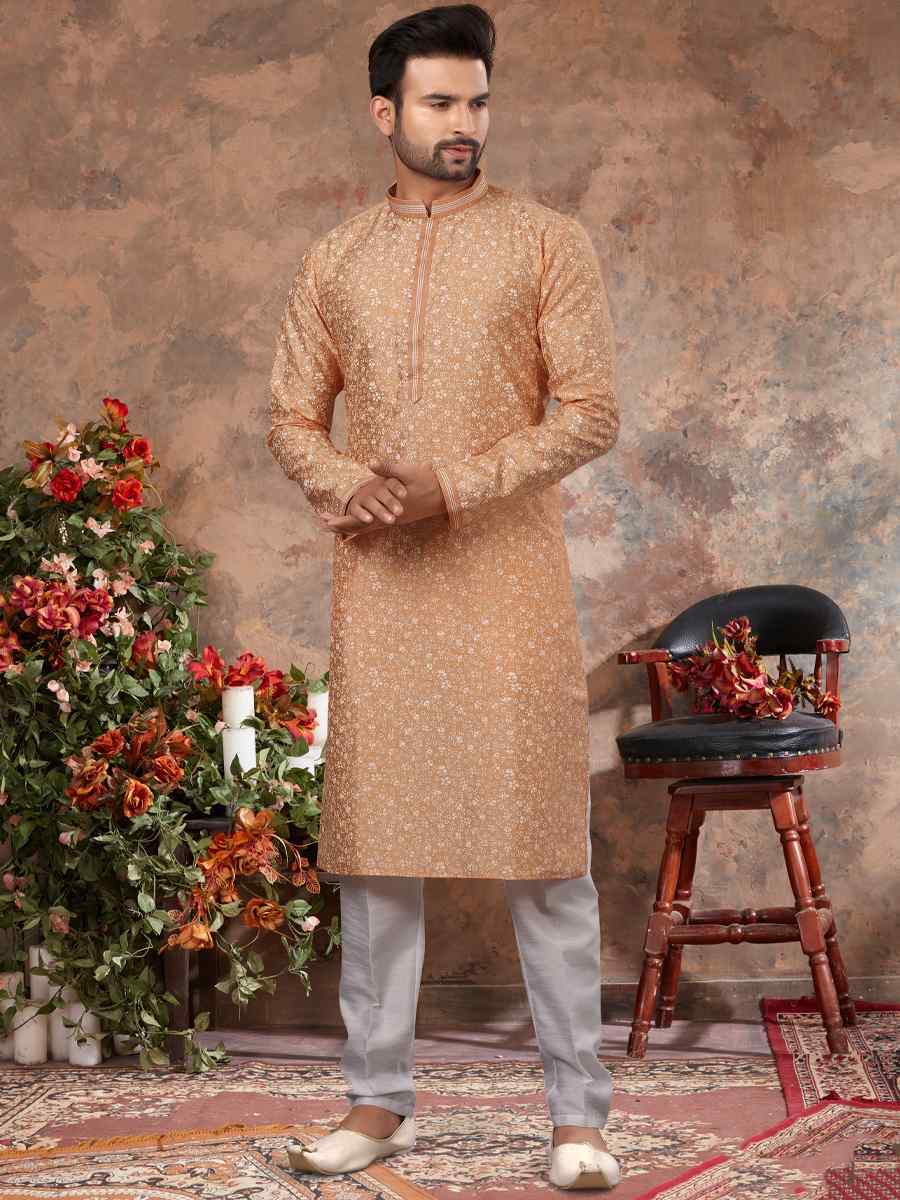 Peach Silk Woven Festival Party Kurta