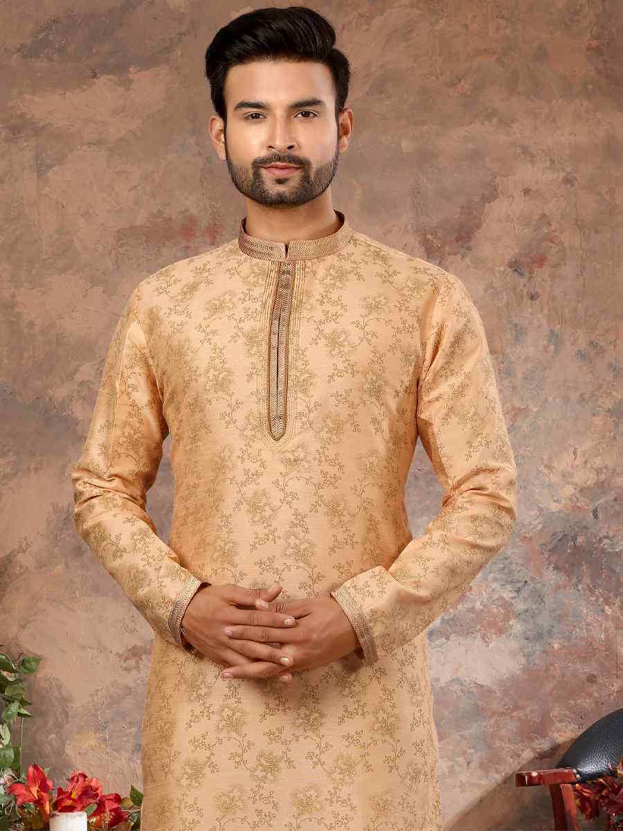 Peach Silk Woven Festival Party Kurta