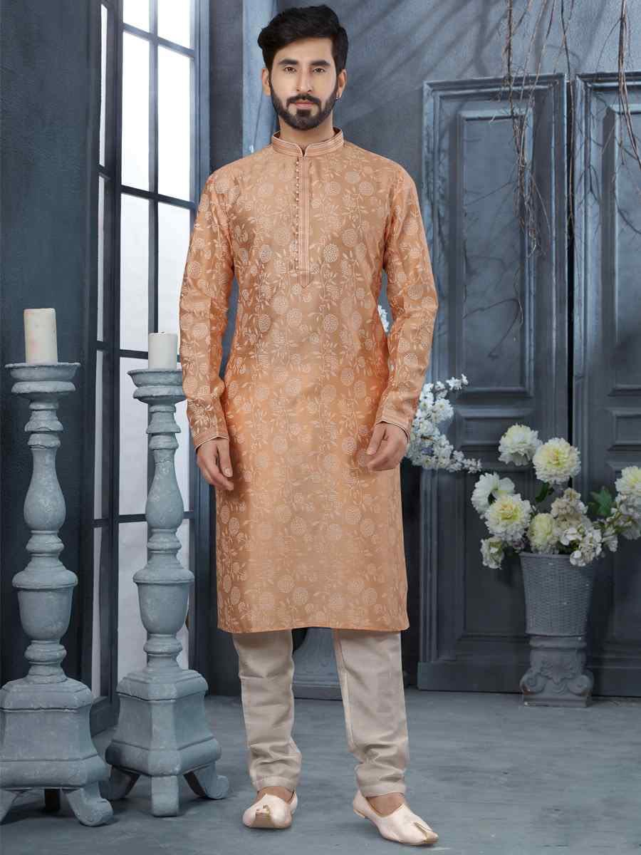 Peach Silk Woven Festival Party Kurta