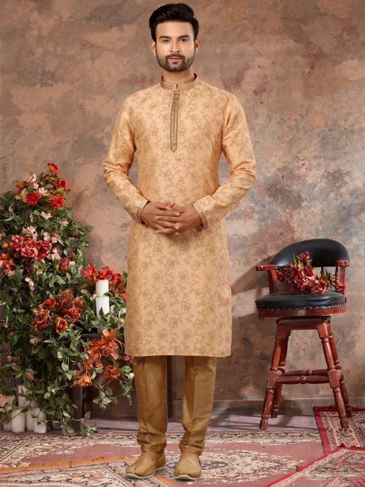 Peach Silk Woven Festival Party Kurta