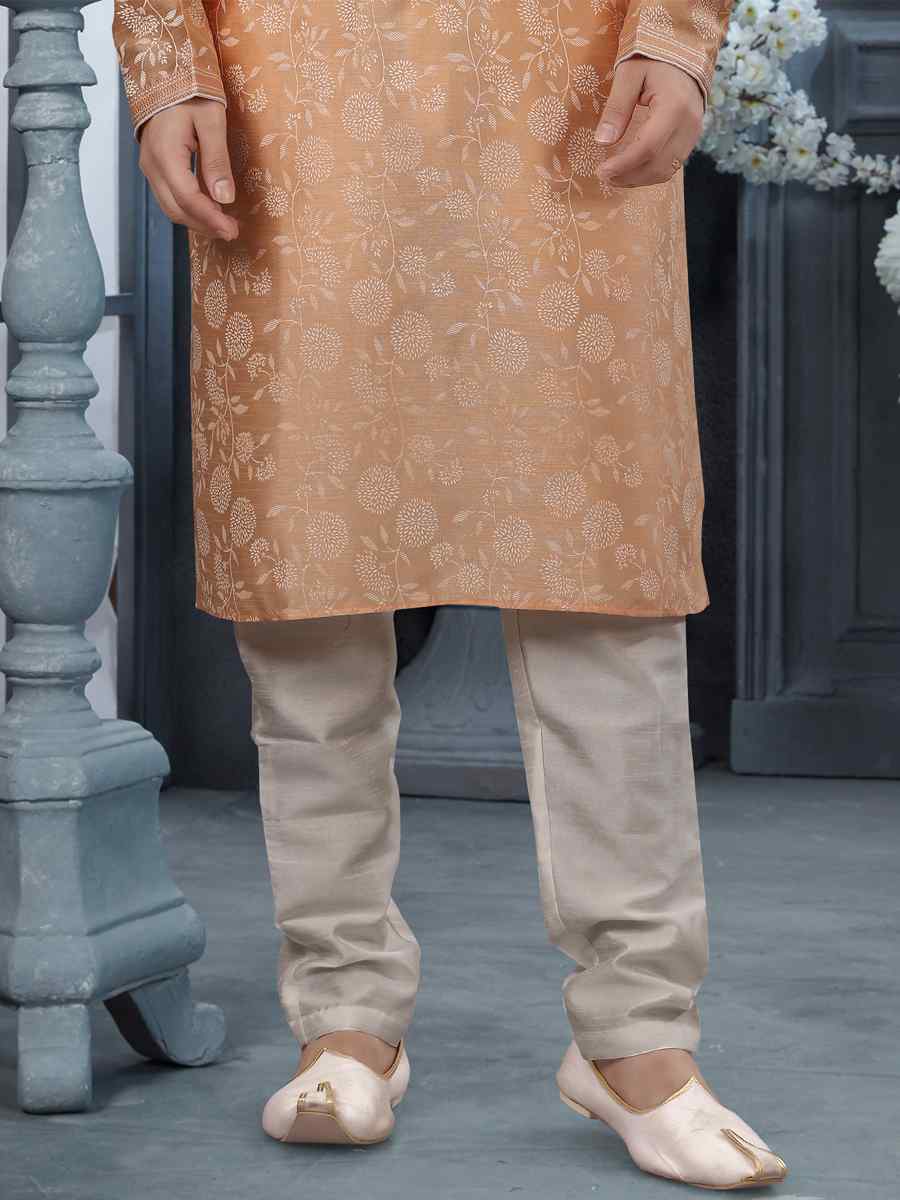 Peach Silk Woven Festival Party Kurta