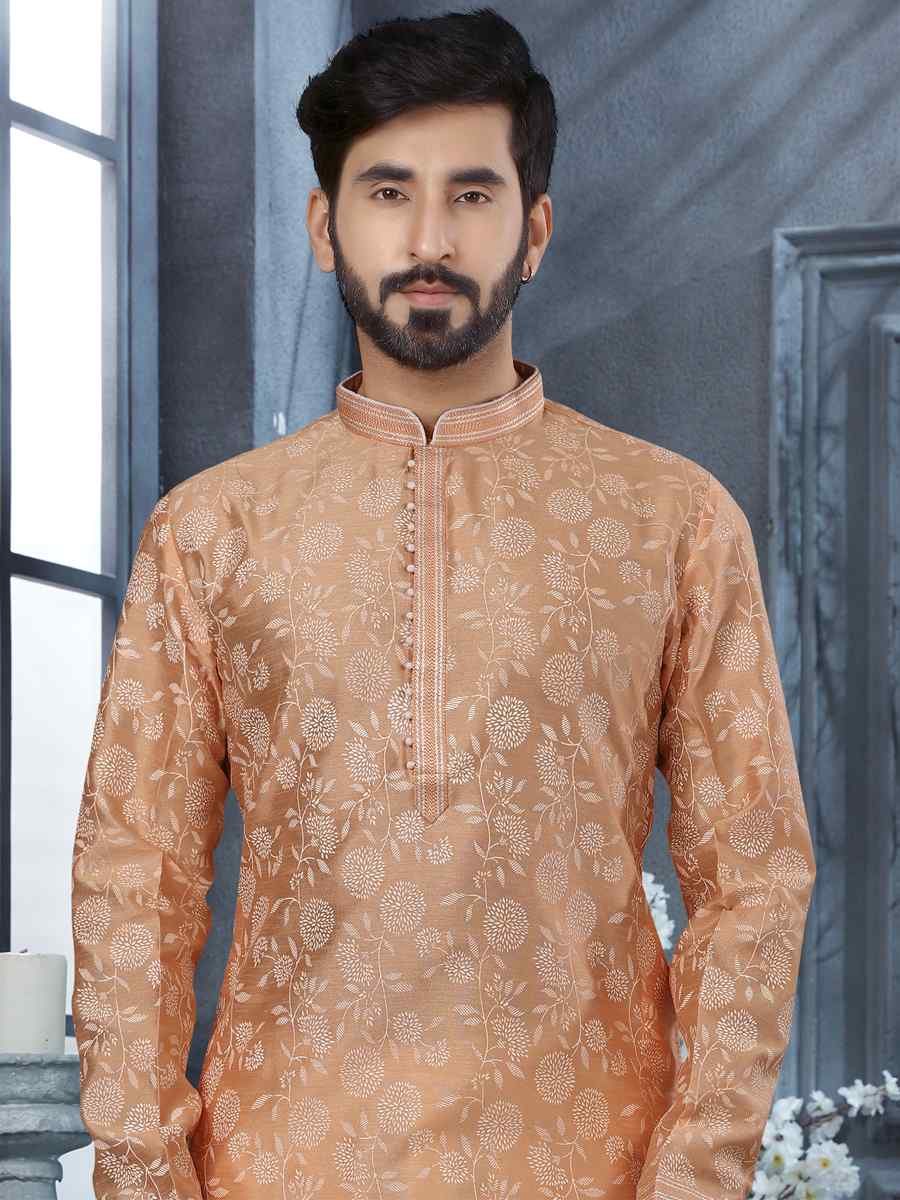 Peach Silk Woven Festival Party Kurta