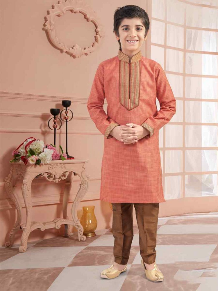 Peach Silk Zardosi Festival Kurta Pyjama Boys Wear