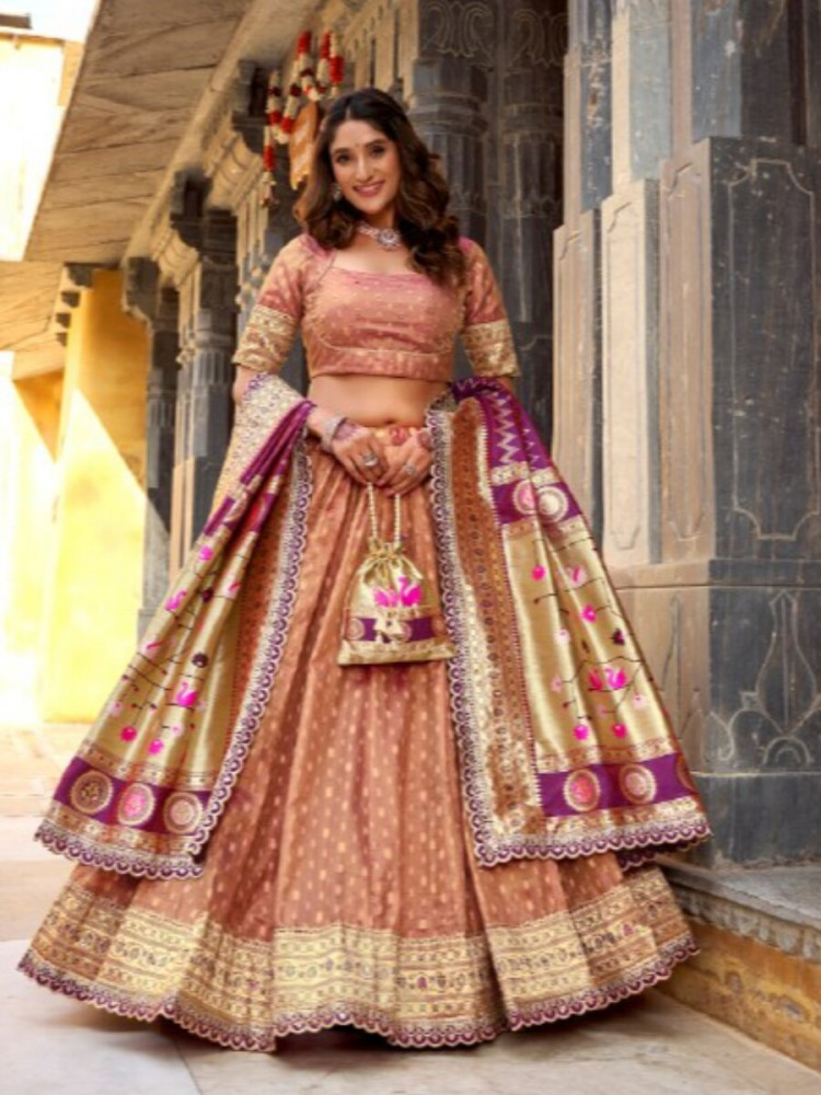 Image of Peach Simmer Organza Zari Sequins Wedding Party Festival Circular Lehenga Choli