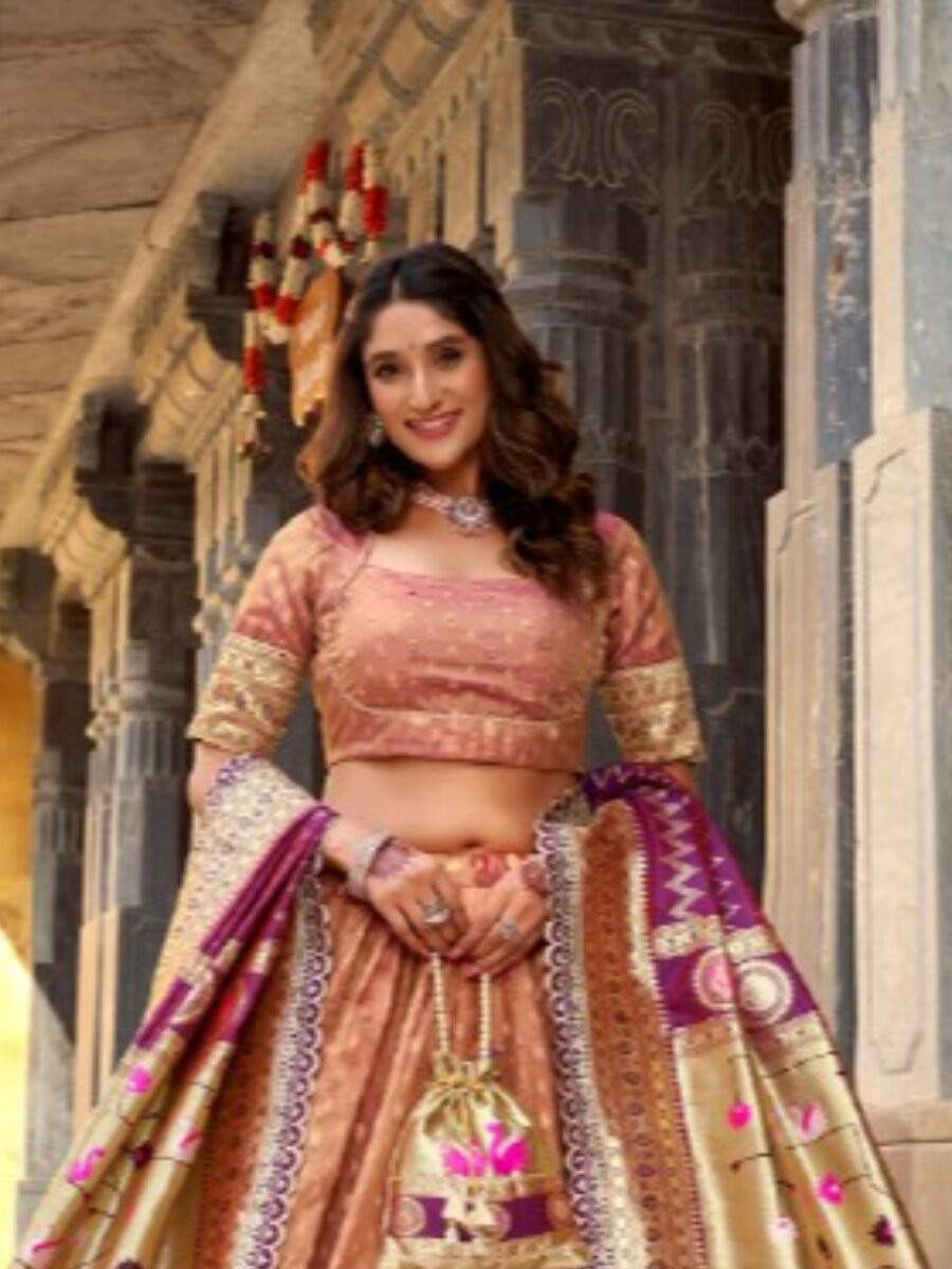 Peach Simmer Organza Zari Sequins Wedding Party Festival Circular Lehenga Choli