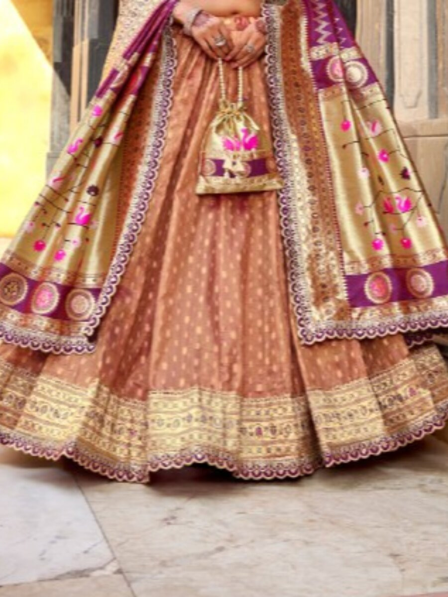 Peach Simmer Organza Zari Sequins Wedding Party Festival Circular Lehenga Choli