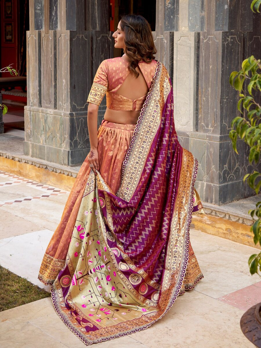 Peach Simmer Organza Zari Sequins Wedding Party Festival Circular Lehenga Choli