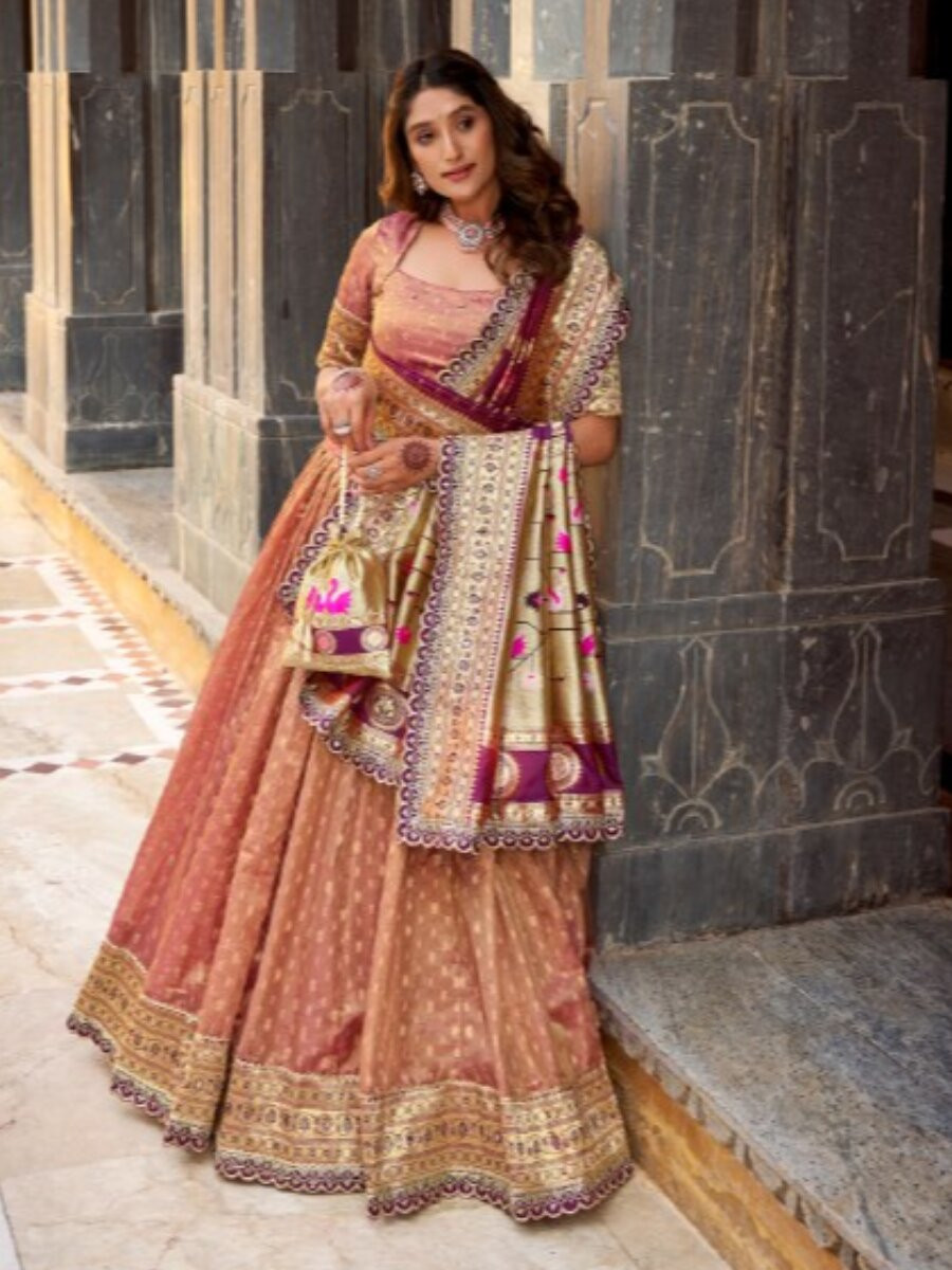 Peach Simmer Organza Zari Sequins Wedding Party Festival Circular Lehenga Choli