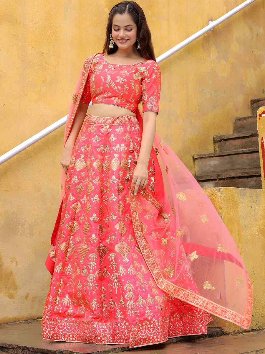 Peach Slub Silk Embroidered Festival Wedding Party Reception Heavy Border Lehenga Choli