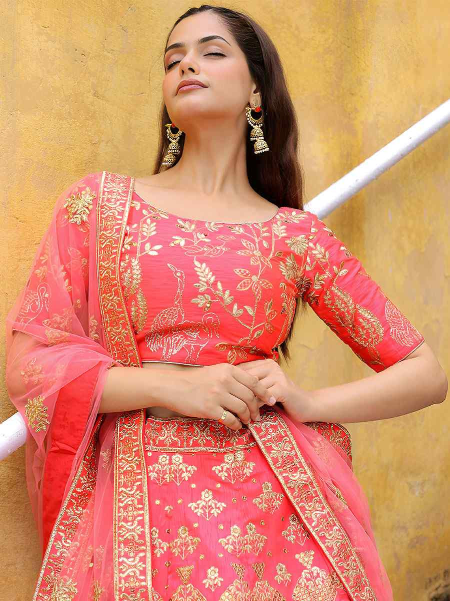 Peach Slub Silk Embroidered Festival Wedding Party Reception Heavy Border Lehenga Choli