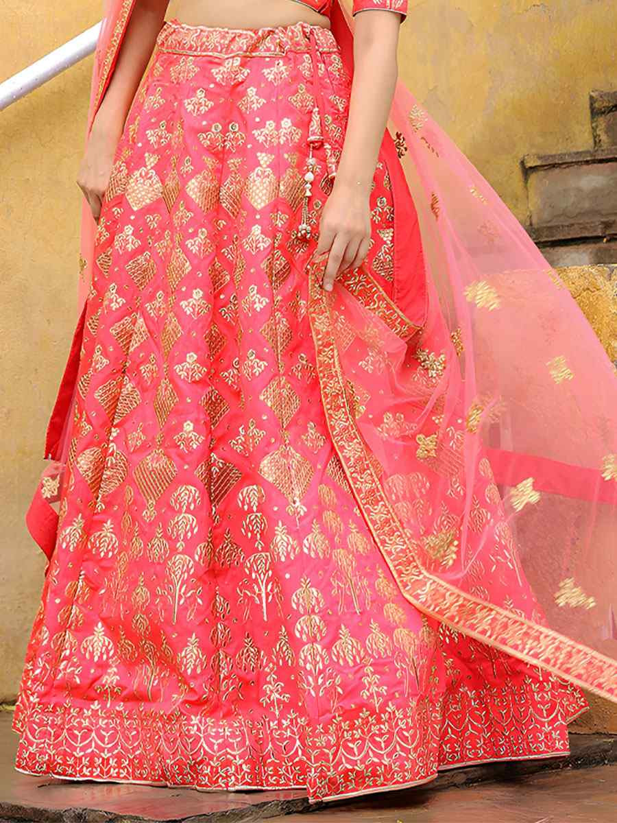 Peach Slub Silk Embroidered Festival Wedding Party Reception Heavy Border Lehenga Choli