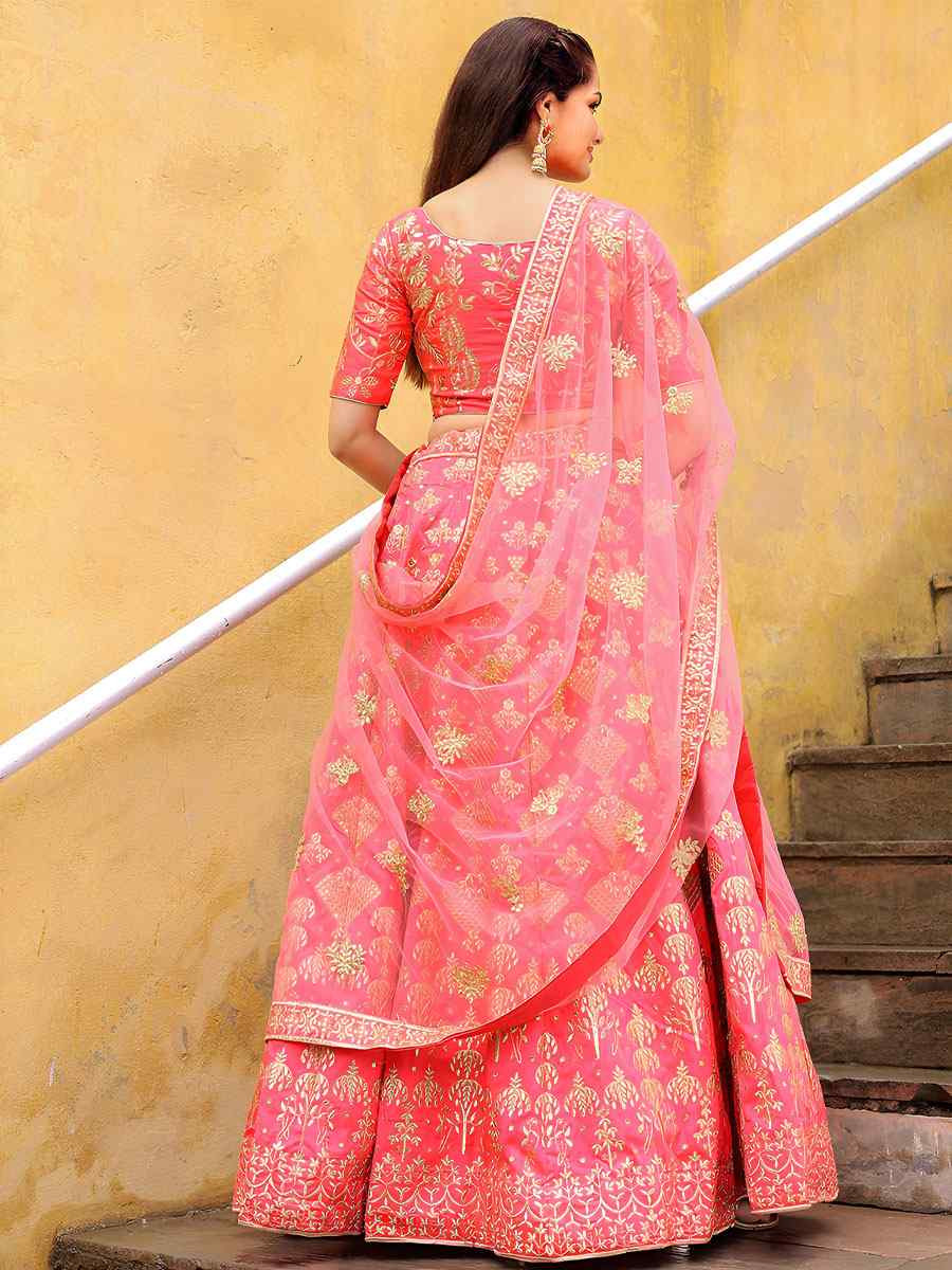 Peach Slub Silk Embroidered Festival Wedding Party Reception Heavy Border Lehenga Choli