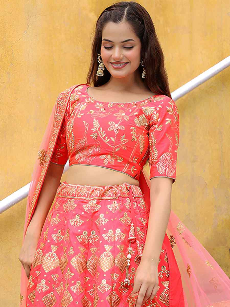 Peach Slub Silk Embroidered Festival Wedding Party Reception Heavy Border Lehenga Choli