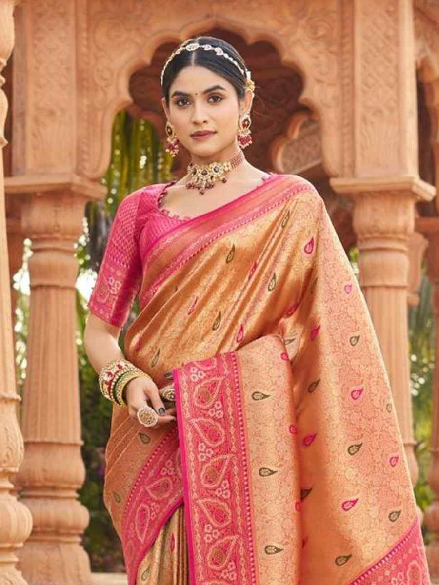 Peach Soft Banarasi Silk Handwoven Festival Wedding Fancy Heavy Border Saree