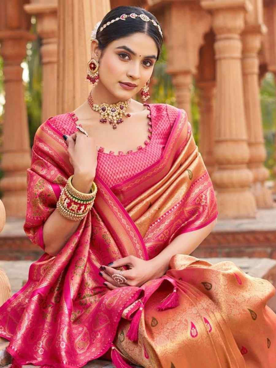 Peach Soft Banarasi Silk Handwoven Festival Wedding Fancy Heavy Border Saree