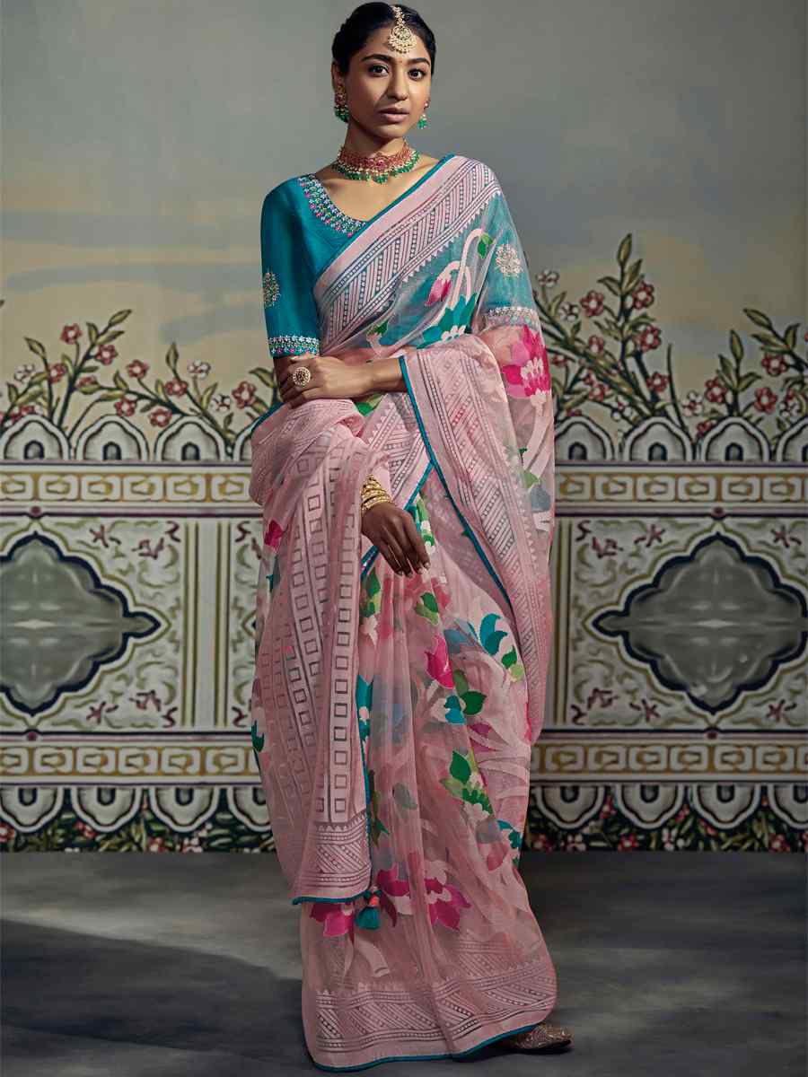 Peach Soft Brasso Embroidered Festival Party Heavy Border Saree