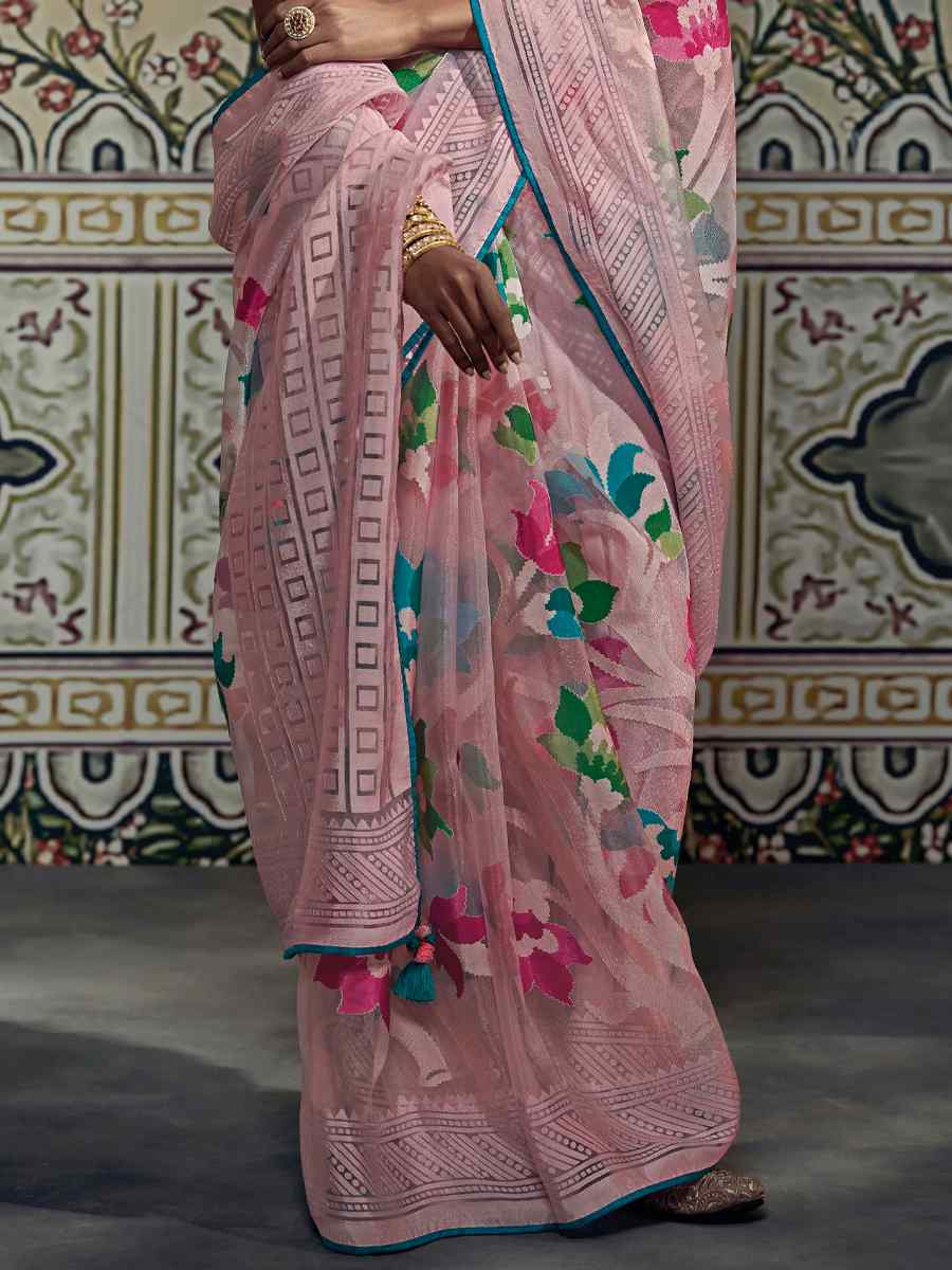 Peach Soft Brasso Embroidered Festival Party Heavy Border Saree