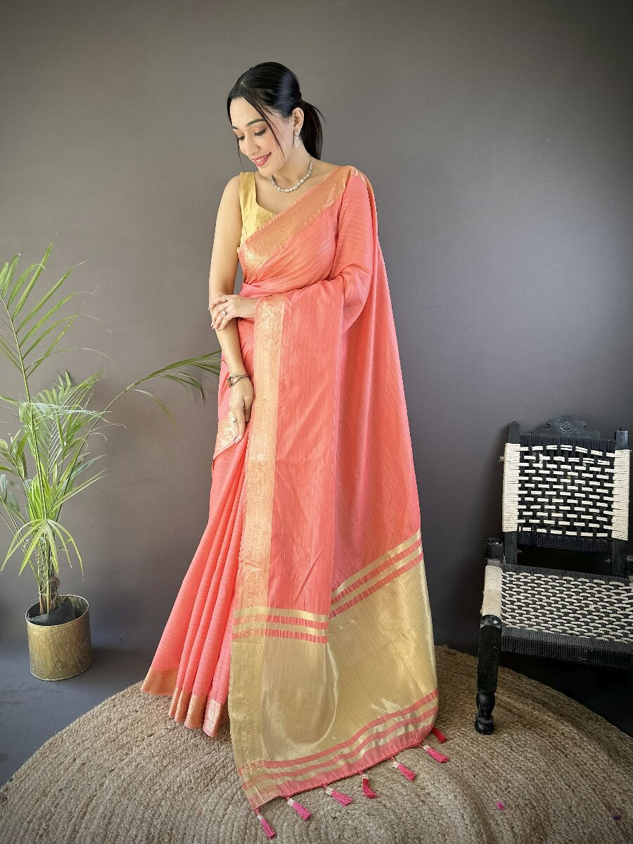 Peach Soft Cotton Zari Wedding Reception Party Festival Heavy Border Sarees
