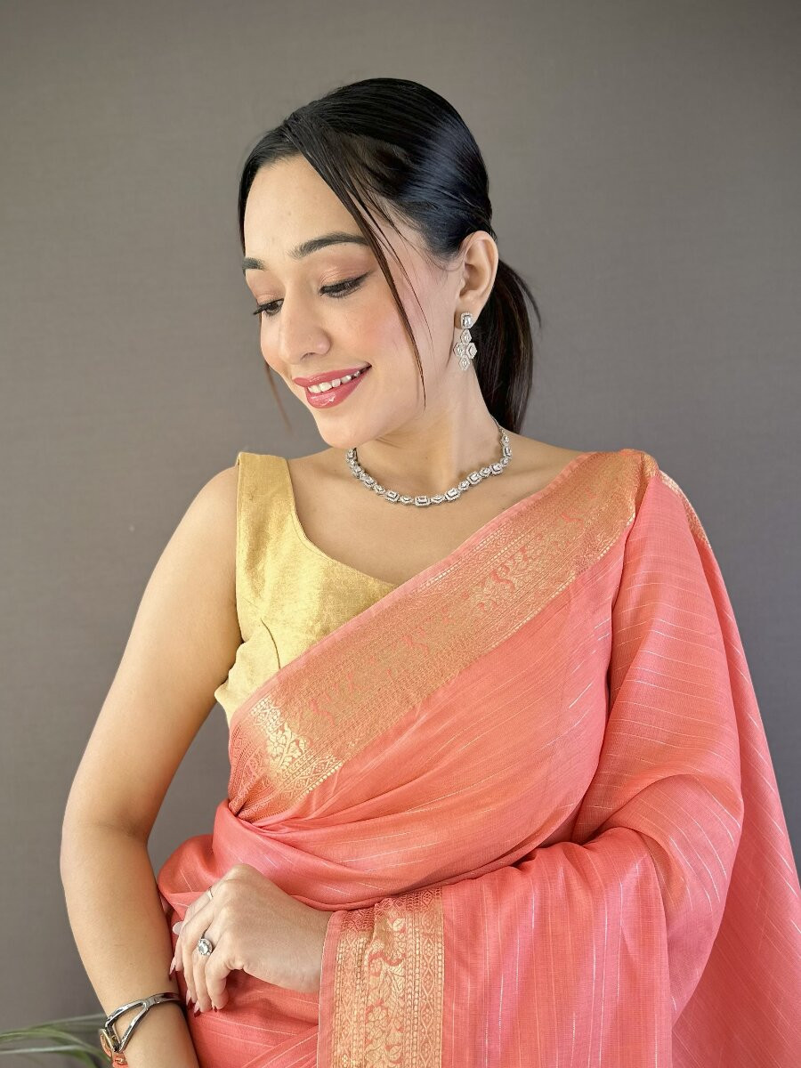 Peach Soft Cotton Zari Wedding Reception Party Festival Heavy Border Sarees