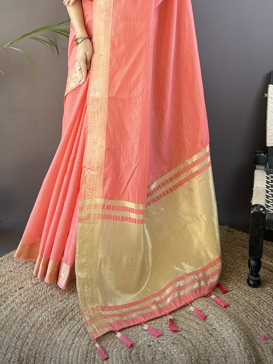 Peach Soft Cotton Zari Wedding Reception Party Festival Heavy Border Sarees