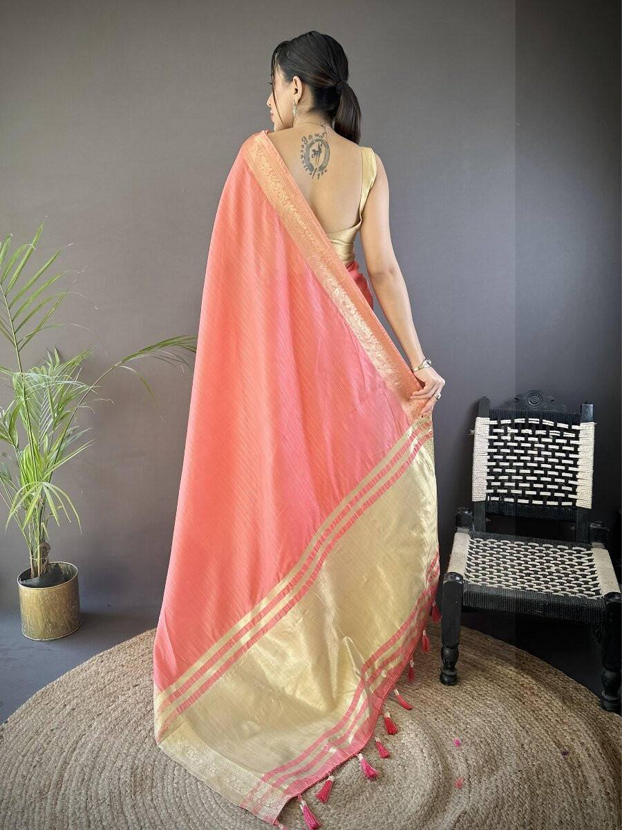 Peach Soft Cotton Zari Wedding Reception Party Festival Heavy Border Sarees