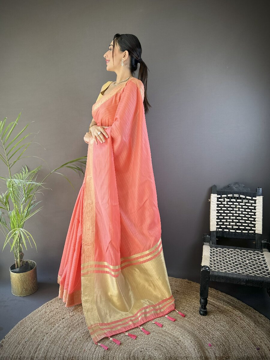 Peach Soft Cotton Zari Wedding Reception Party Festival Heavy Border Sarees