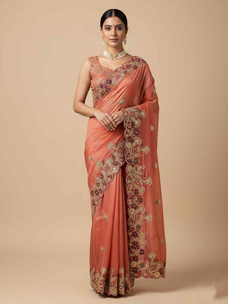 Peach Soft Fendy Chiffon Embroidery Handwoven Festival Wedding Fancy Heavy Border Saree