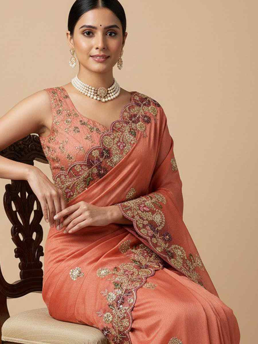 Peach Soft Fendy Chiffon Embroidery Handwoven Festival Wedding Fancy Heavy Border Saree