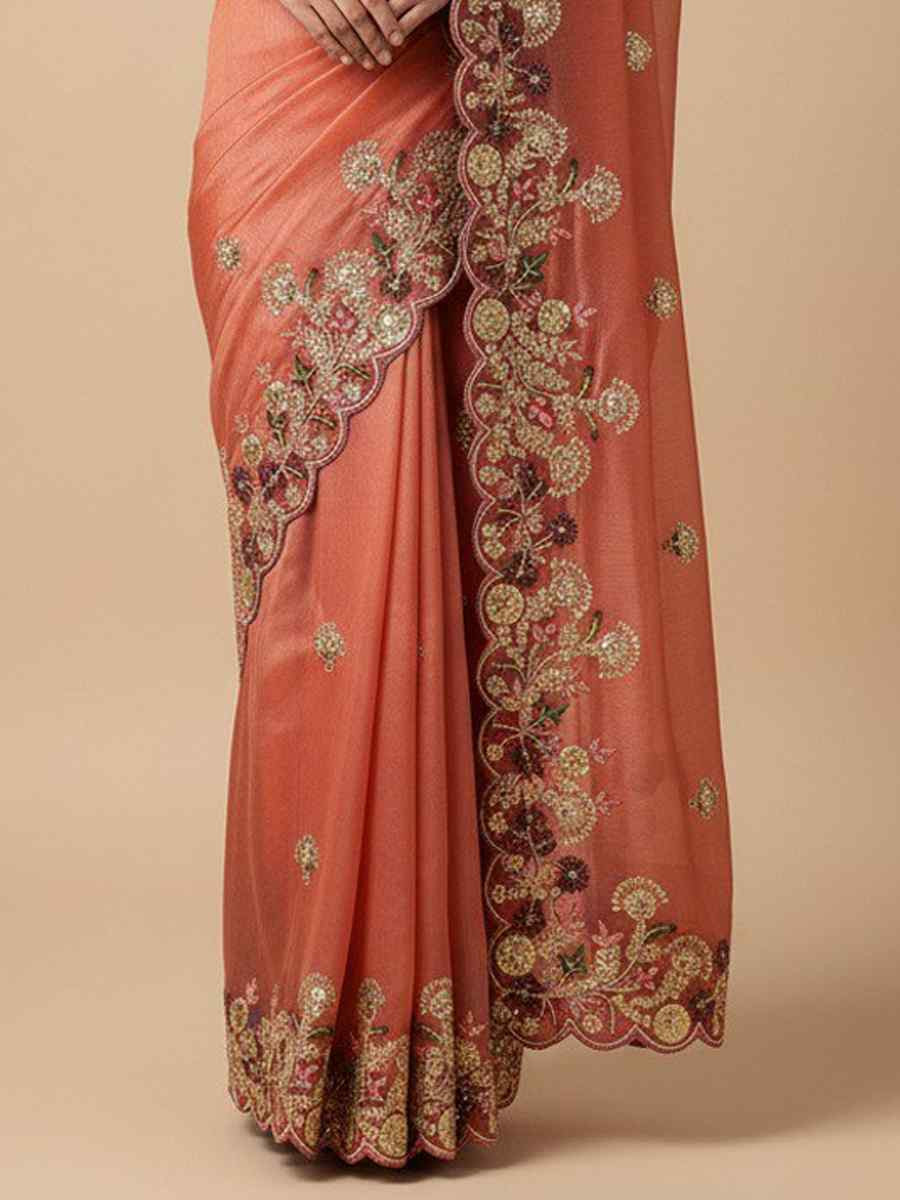 Peach Soft Fendy Chiffon Embroidery Handwoven Festival Wedding Fancy Heavy Border Saree