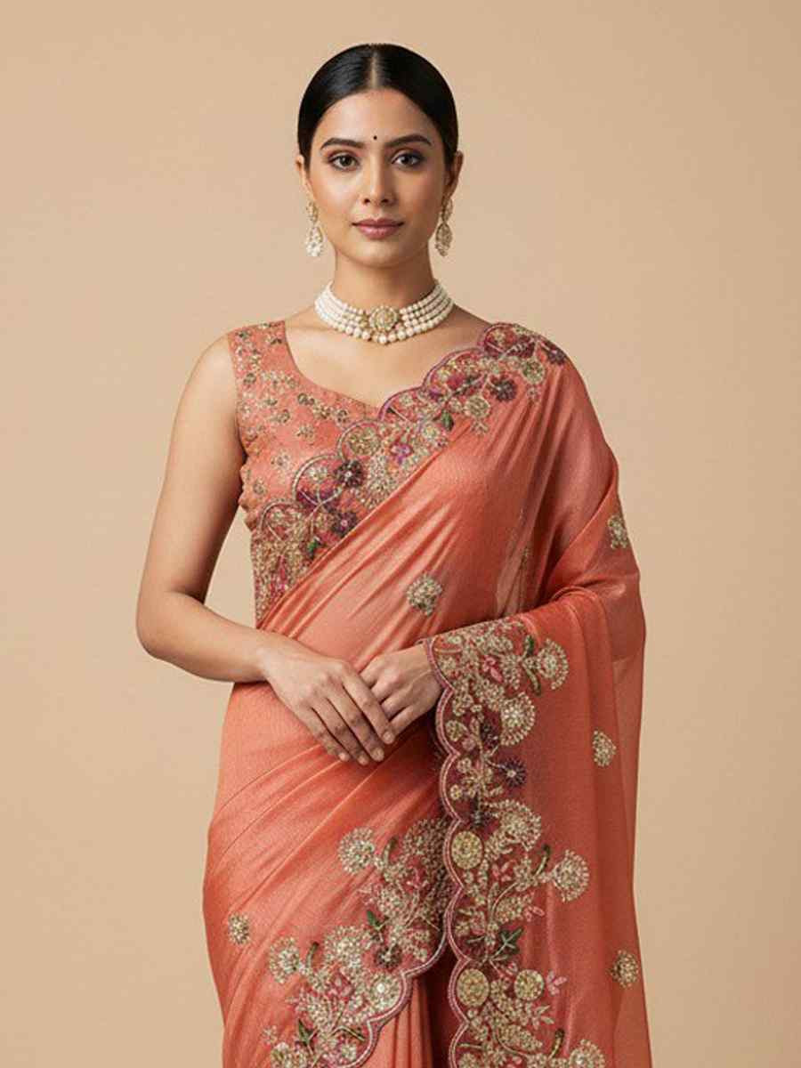 Peach Soft Fendy Chiffon Embroidery Handwoven Festival Wedding Fancy Heavy Border Saree