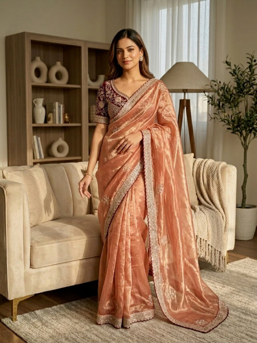 Peach Soft Frendy Satin Embroidery Sequins Zari Wedding Reception Party Festival Casual Heavy Border Sarees